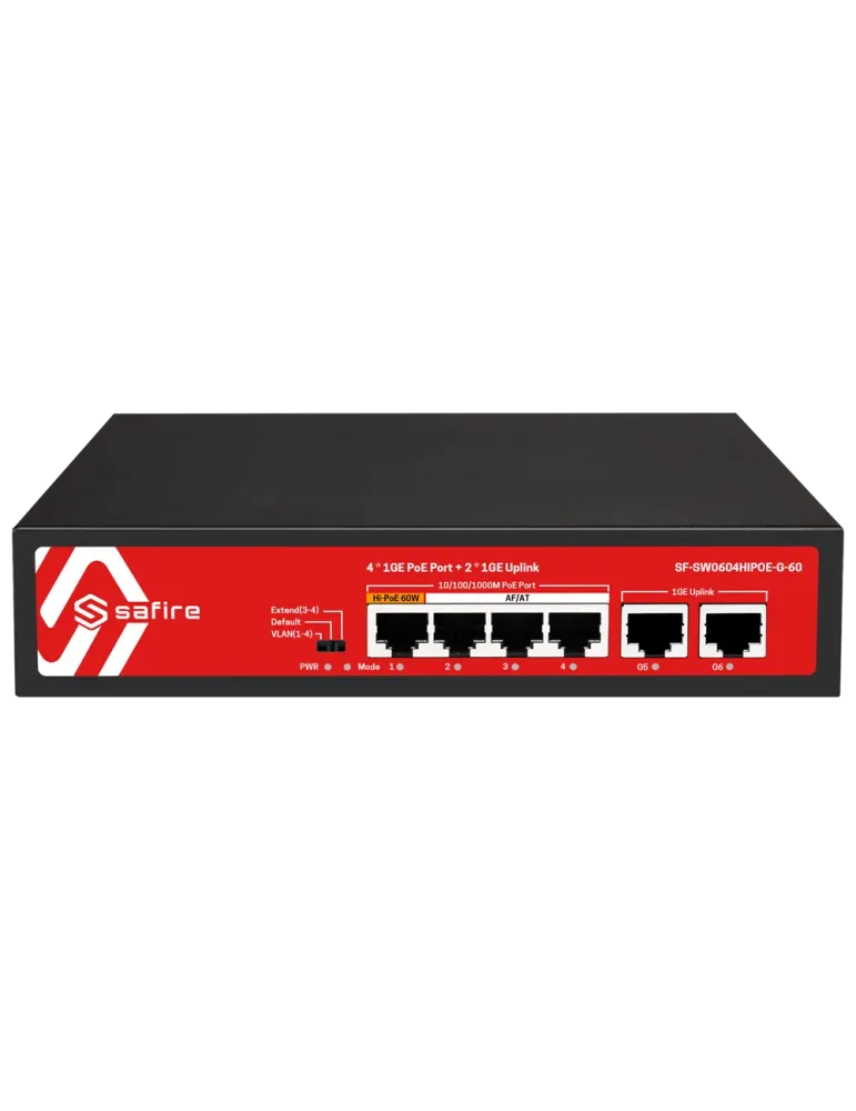 Safire Switch PoE - 4 puertos PoE + 2 Uplink RJ45 - Velocidad de puert