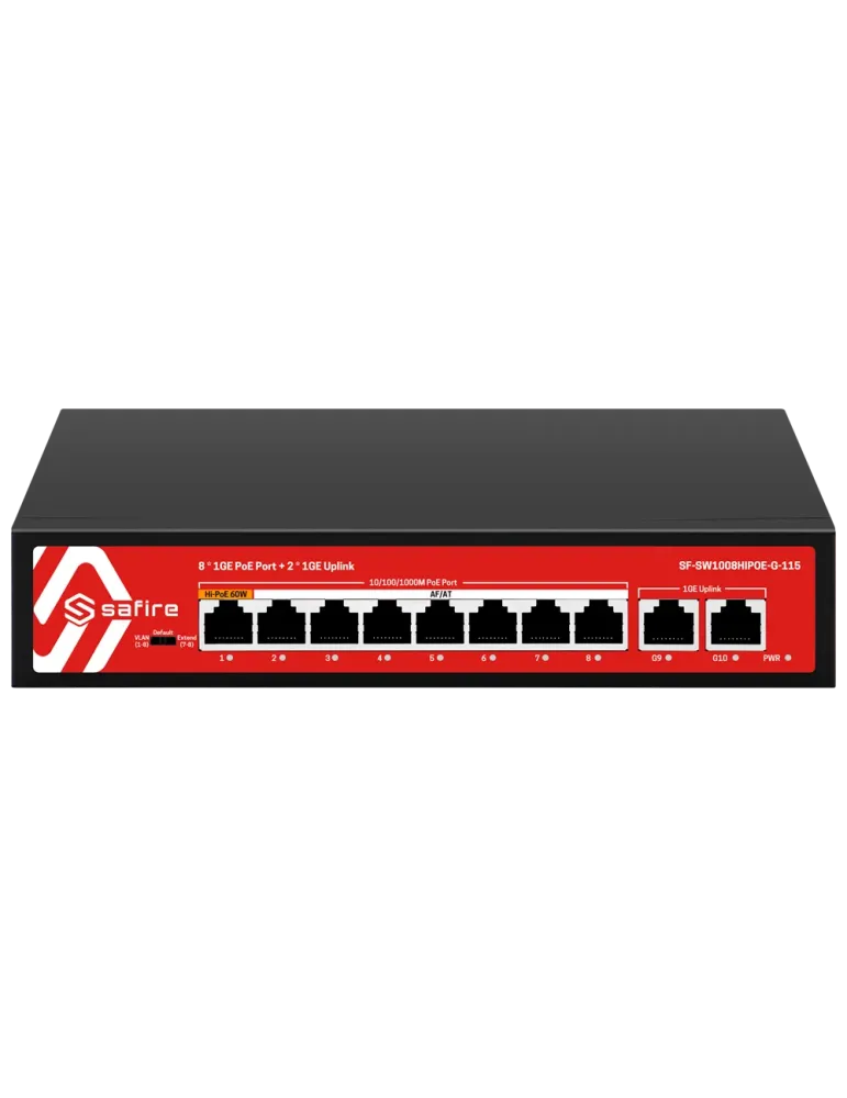 Safire Switch Hi-PoE - 8 puertos PoE + 2 Uplink RJ45 - 10x 10/100/1000
