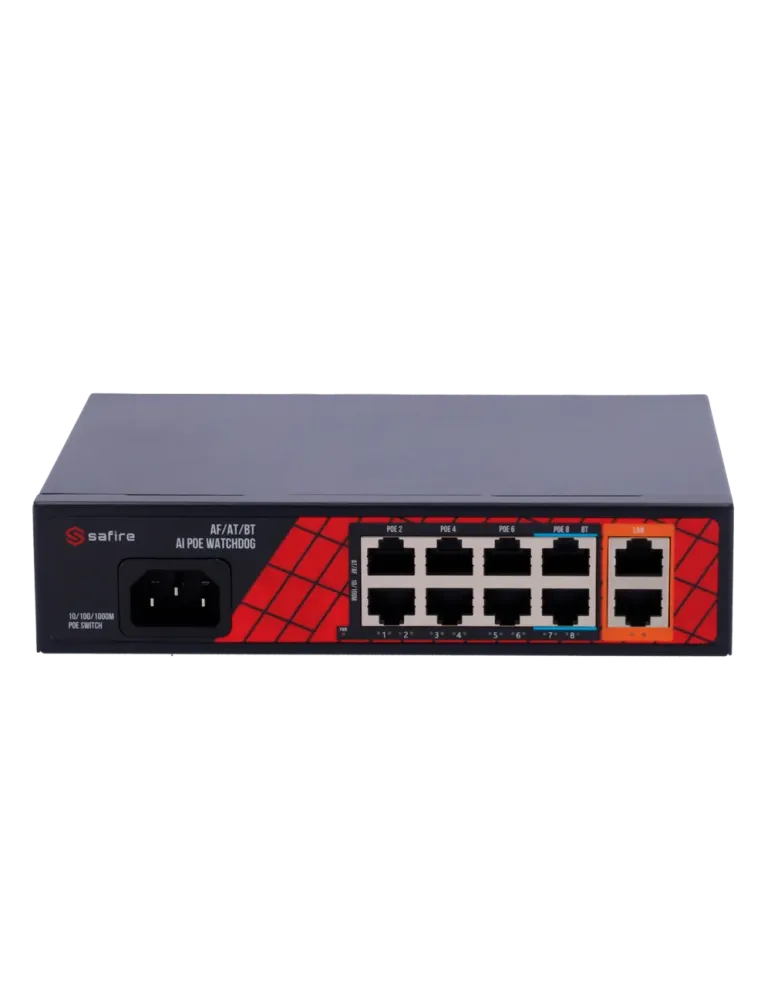 Safire Switch Hi-PoE - 8 puertos PoE + 2 Uplink RJ45 - Hibrido 8x10/10