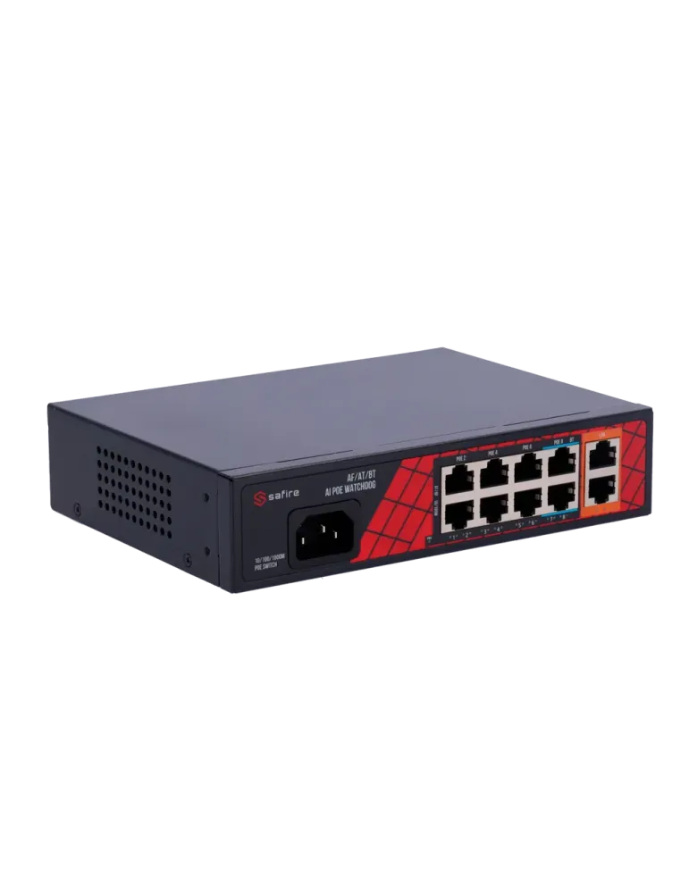 Safire Switch Hi-PoE - 8 puertos PoE + 2 Uplink RJ45 - Hibrido 8x10/10