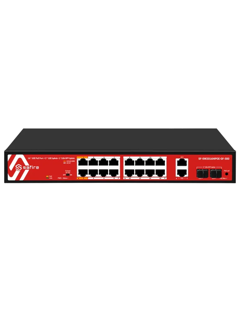 Safire Switch Hi-PoE - 16 puertos PoE + 2 SFP + 2 RJ45 - Velocidad de