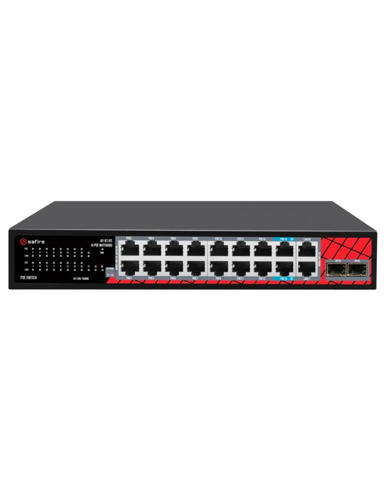 Safire Switch Hi-PoE - 16 puertos PoE + 2 SFP + 2 RJ45 - Velocidad de