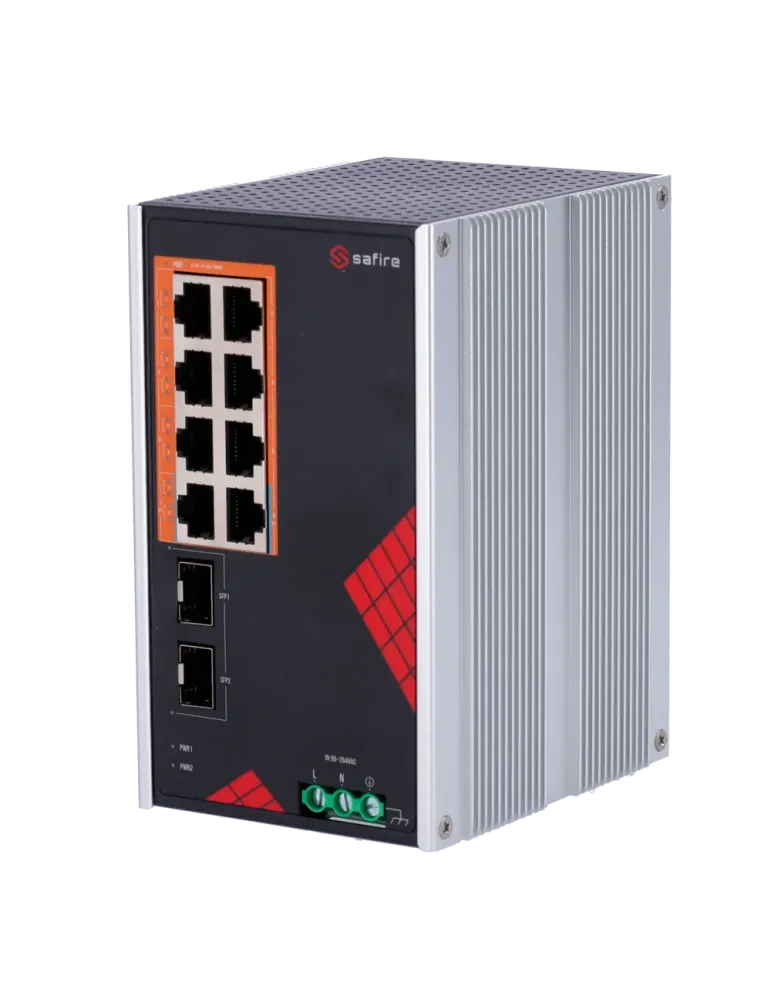 Safire Switch Industrial Alimentación AC y DC - 8 puertos Gigabit + 2