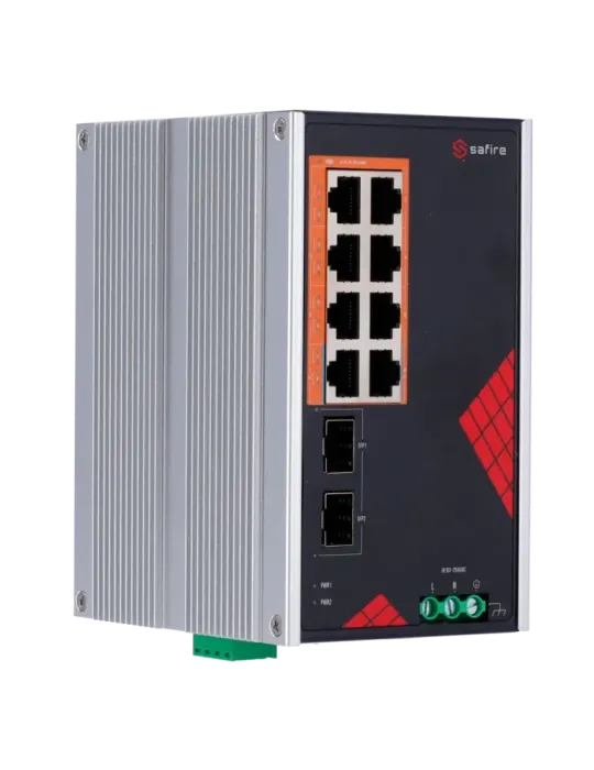 Safire Switch Industrial Alimentación AC y DC - 8 puertos Gigabit + 2