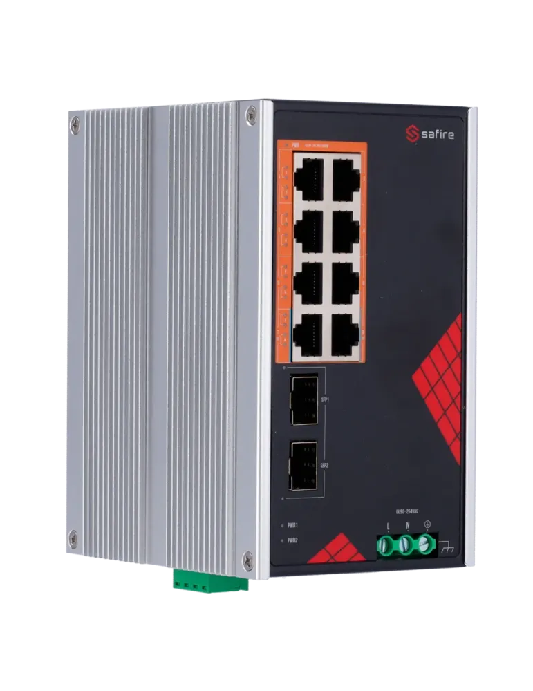 Safire Switch Industrial Alimentación AC y DC - 8 puertos Gigabit + 2