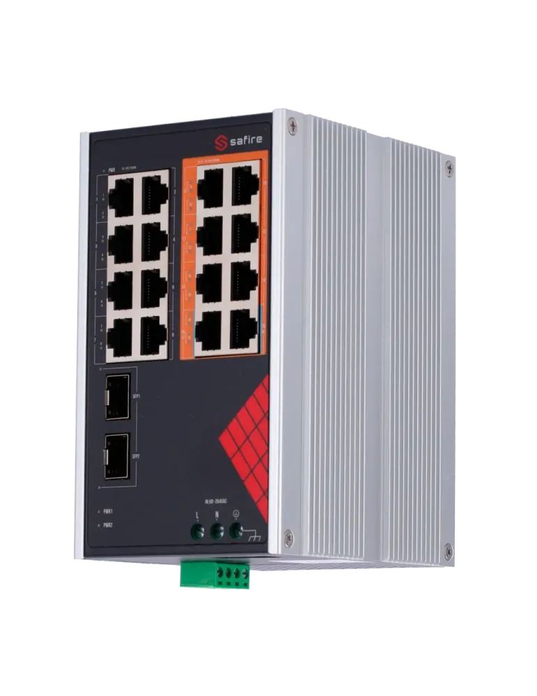 Safire Switch Industrial Alimentación AC y DC - 16 puertos Gigabit + 2