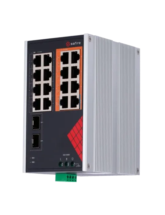 Safire Switch Industrial Alimentación AC y DC - 16 puertos Gigabit + 2