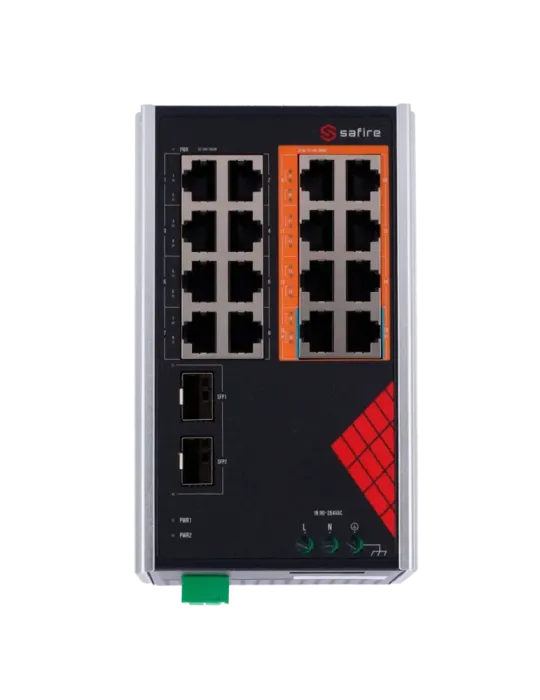 Safire Switch Industrial Alimentación AC y DC - 16 puertos Gigabit + 2