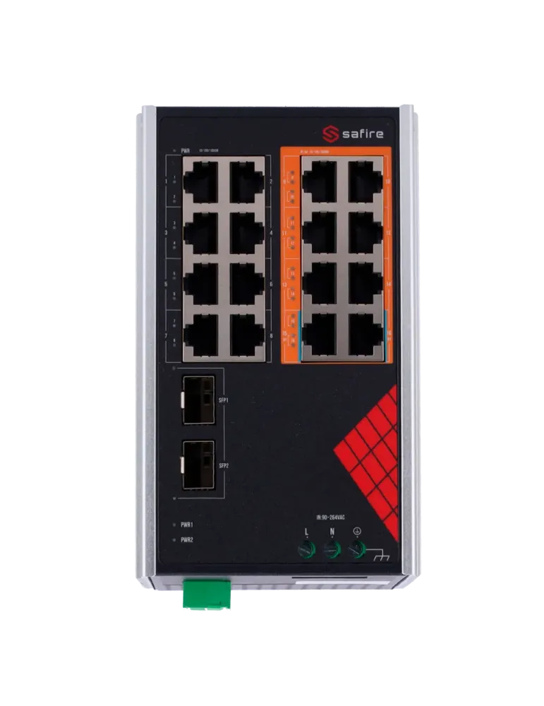 Safire Switch Industrial Alimentación AC y DC - 16 puertos Gigabit + 2