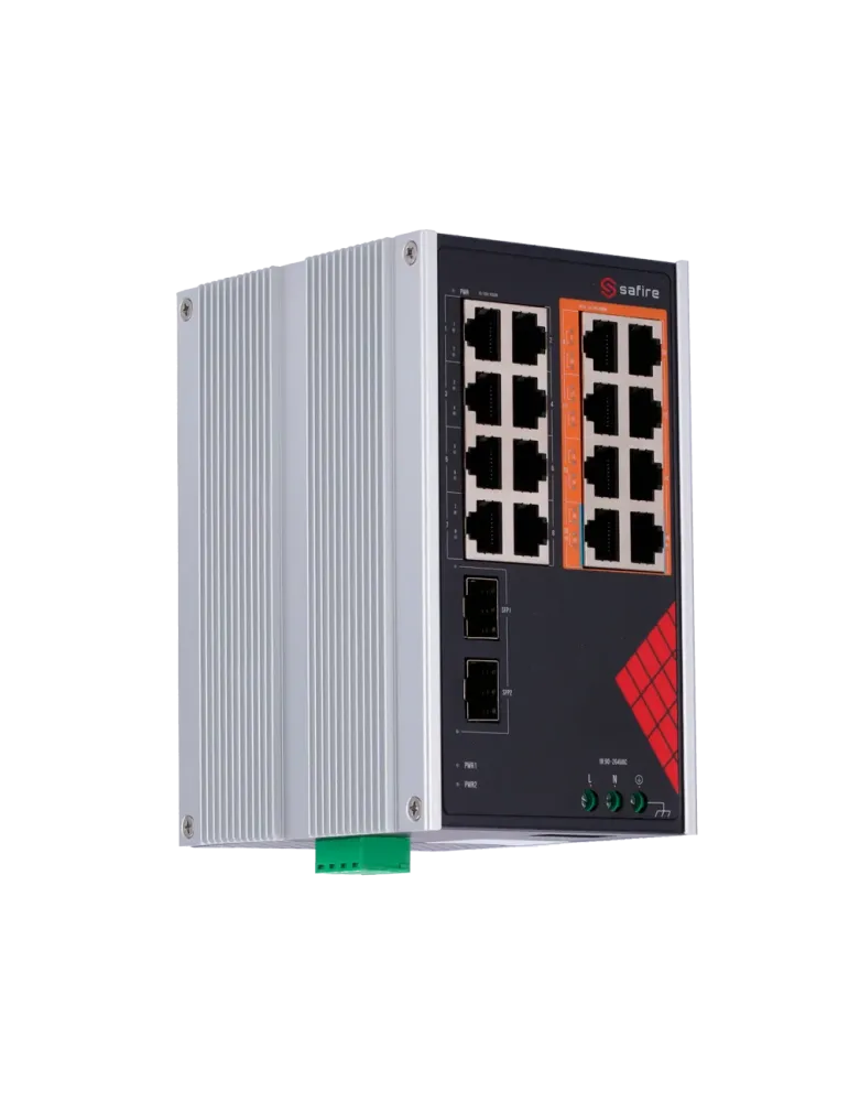 Safire Switch Industrial Alimentación AC y DC - 16 puertos Gigabit + 2