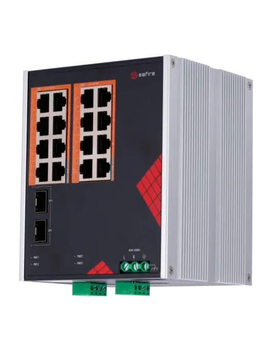Safire Switch Industrial Alimentación AC y DC - 16 puertos Gigabit + 2