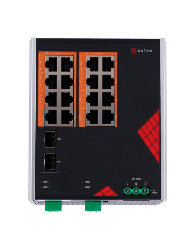 Safire Switch Industrial Alimentación AC y DC - 16 puertos Gigabit + 2