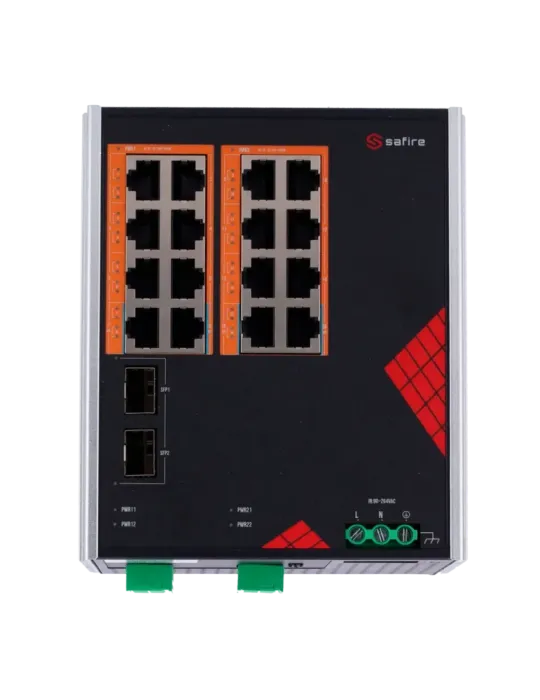 Safire Switch Industrial Alimentación AC y DC - 16 puertos Gigabit + 2