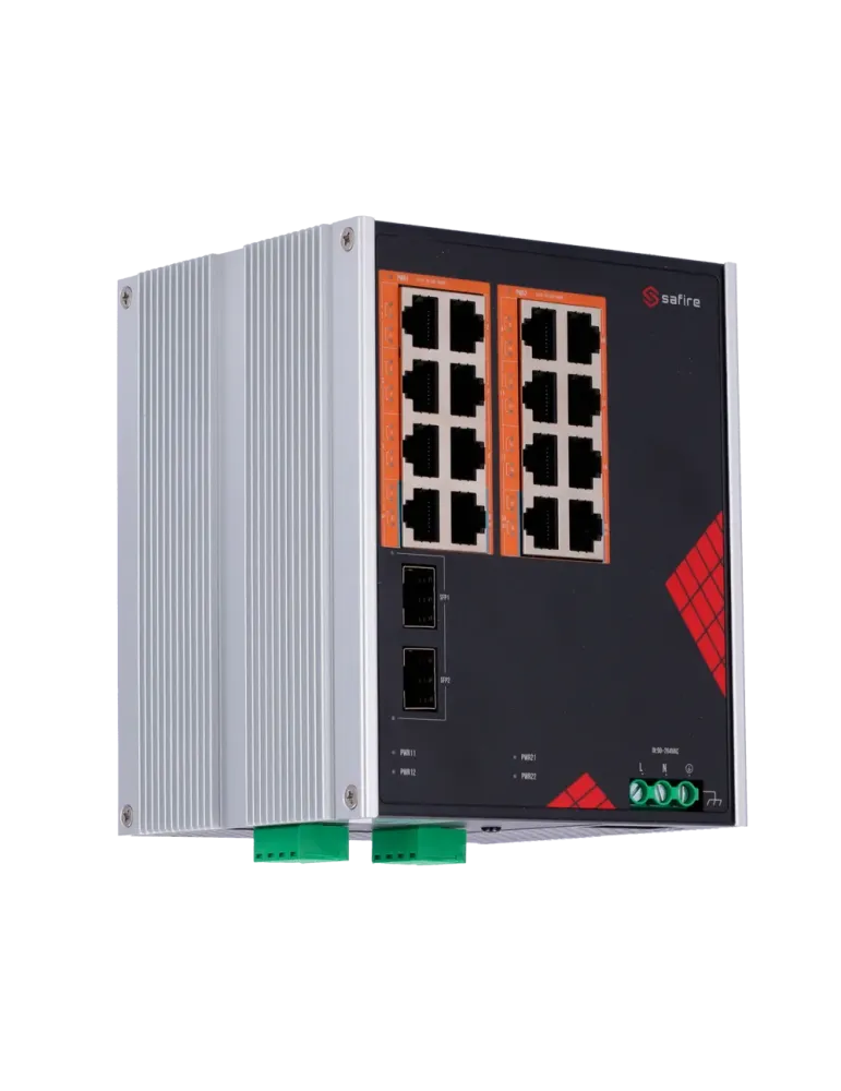 Safire Switch Industrial Alimentación AC y DC - 16 puertos Gigabit + 2