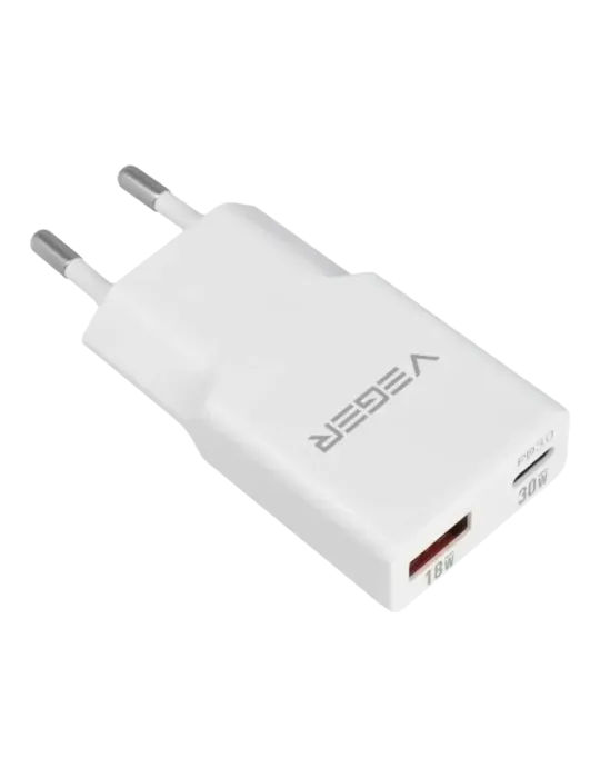 VEGER - Cargador USB QC3.0 / PD3.0 - Potencia 30W - Carga 2 dispositiv