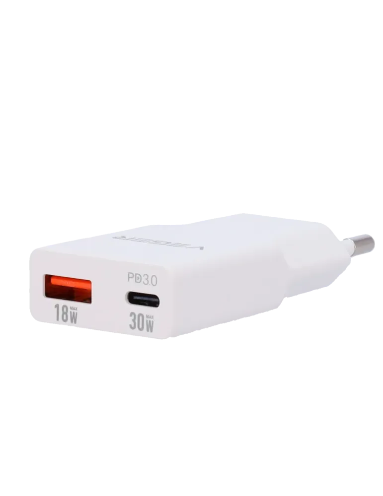 VEGER - Cargador USB QC3.0 / PD3.0 - Potencia 30W - Carga 2 dispositiv