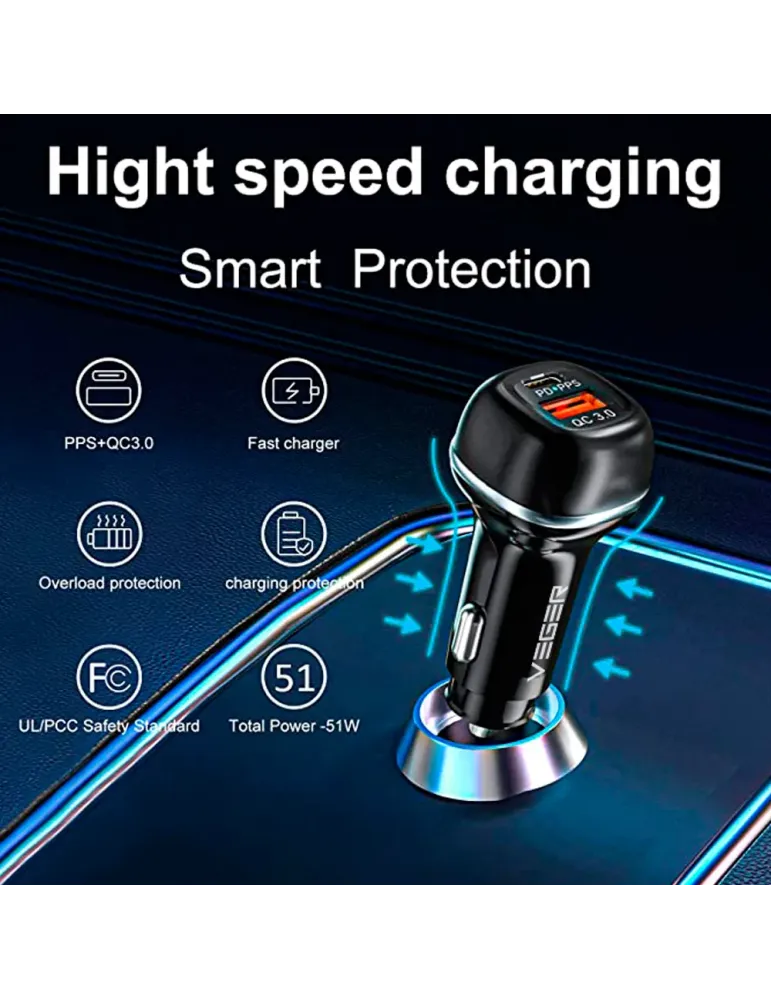 VEGER - Mechero coche - Potencia 51W - Carga rápida PD30W, QC18W - Sal