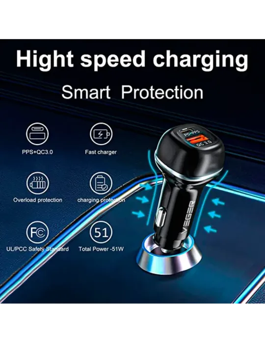 VEGER - Mechero coche - Potencia 51W - Carga rápida PD30W, QC18W - Sal
