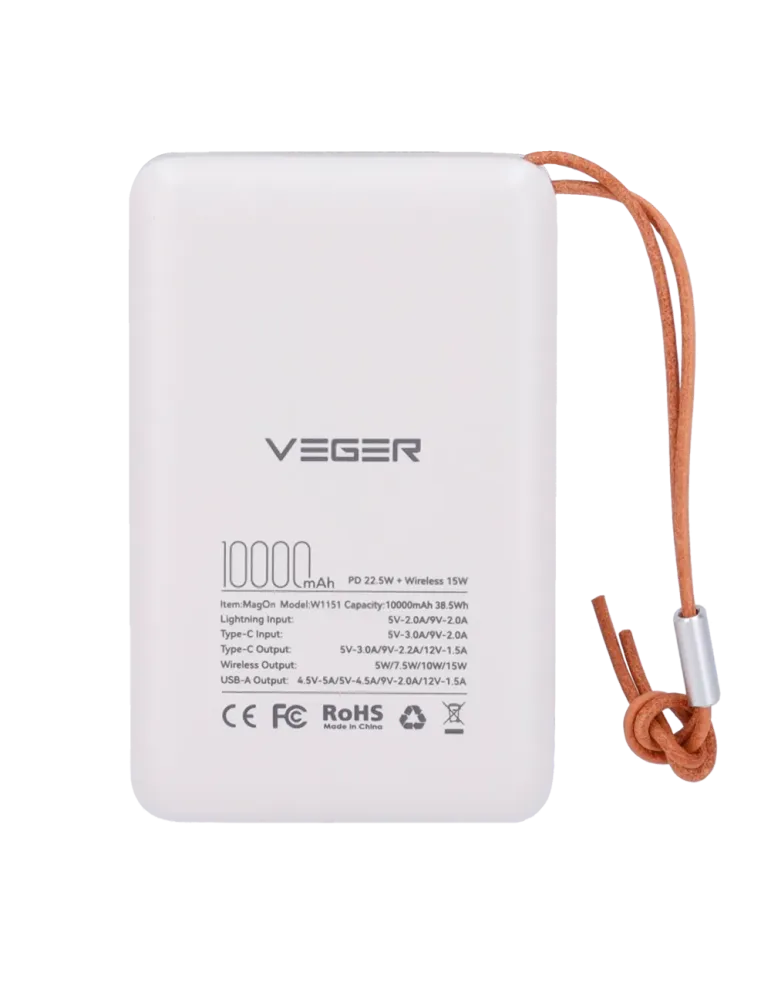 VEGER Power bank magnética inalámbrica - Capacidad 10000mAh - Entradas