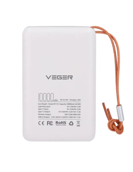 VEGER Power bank magnética inalámbrica - Capacidad 10000mAh - Entradas