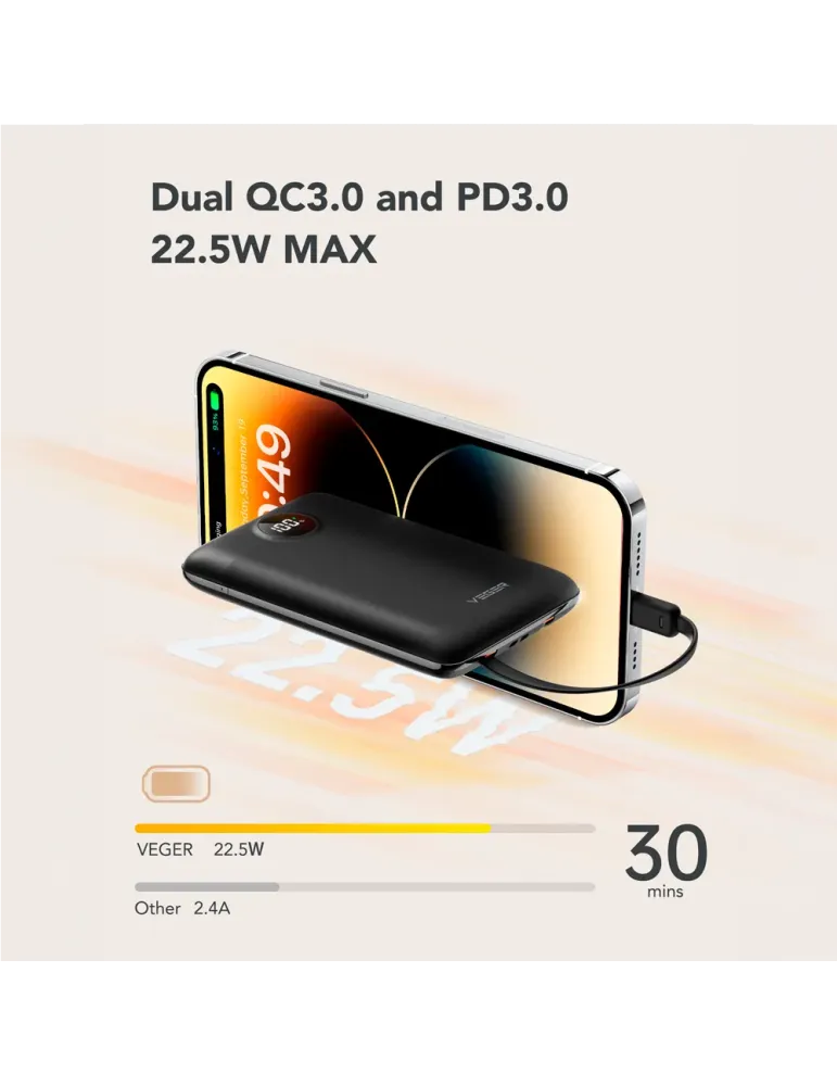 VEGER Power bank con pantalla LCD - Capacidad 10000mAh - Entradas Ligh