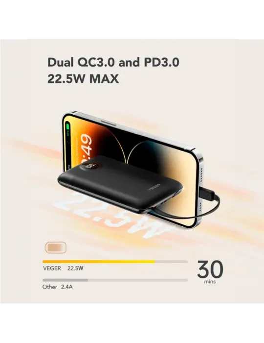 VEGER Power bank con pantalla LCD - Capacidad 10000mAh - Entradas Ligh