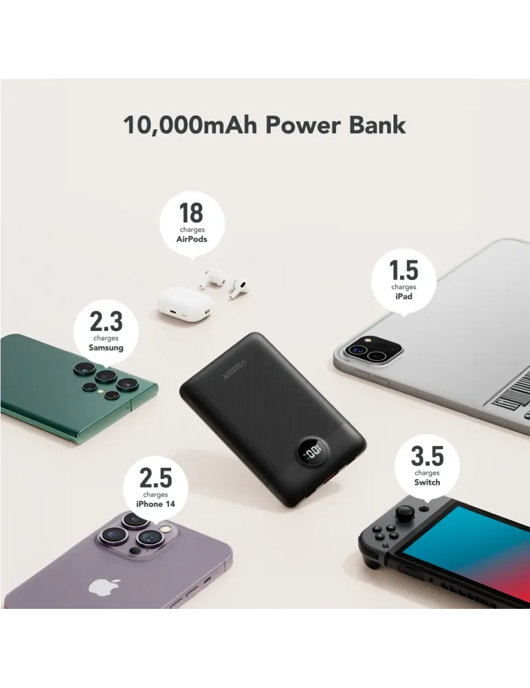 VEGER Power bank con pantalla LCD - Capacidad 10000mAh - Entradas Ligh