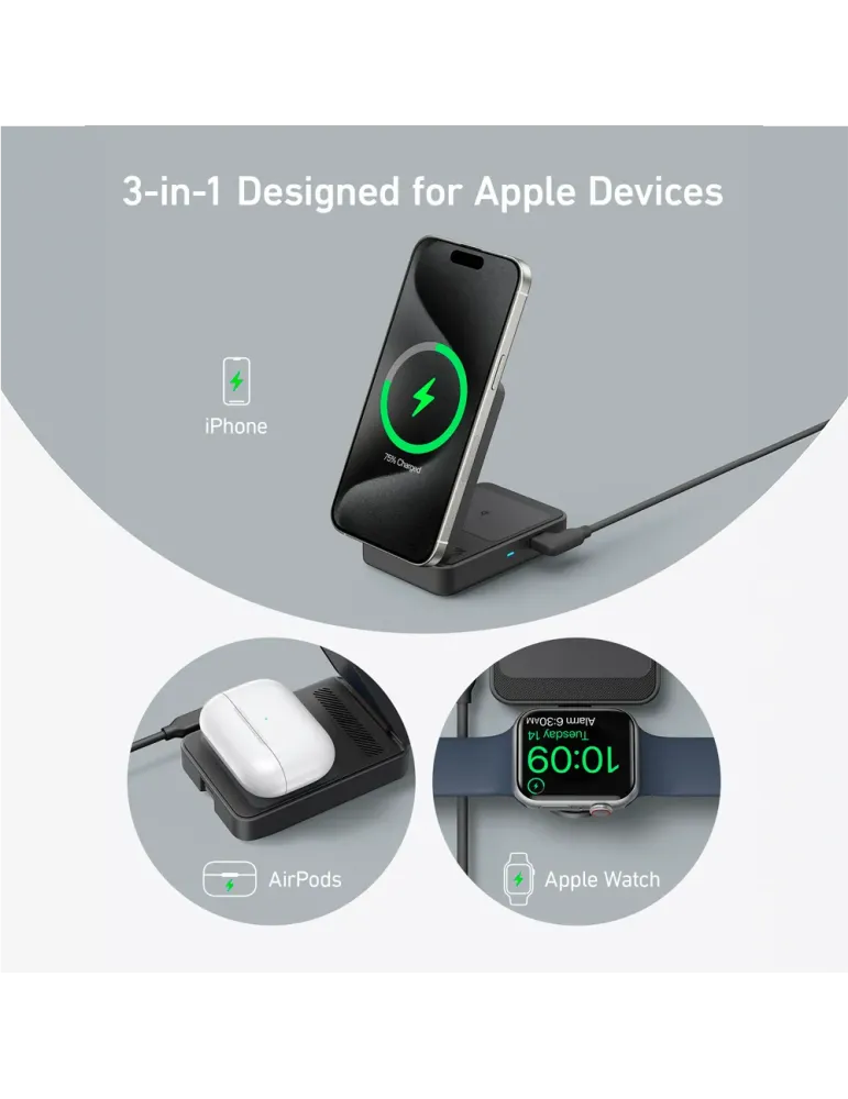 ANKER Cargador inalámbrico 3 en 1 Anker - Tecnología Magsafe - Carga r