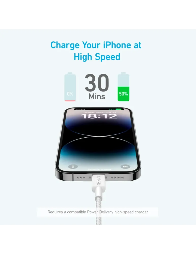 Anker - Cable USB2.0 - USB-C a Lightning - Cable de nylon trenzado - L