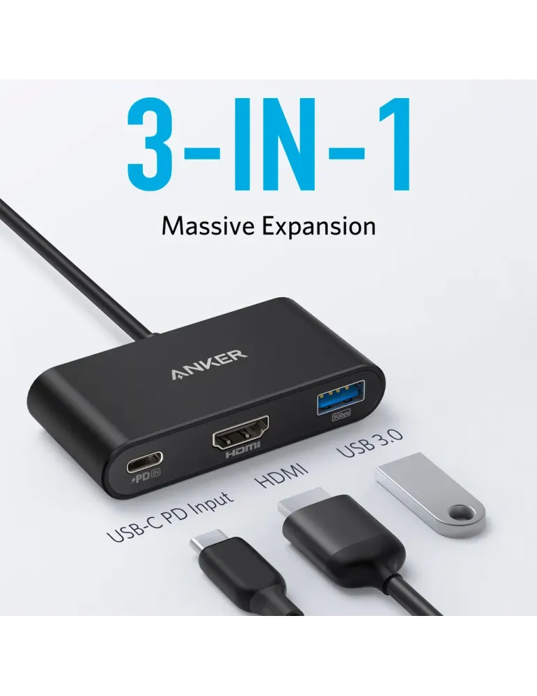 Anker - Hub USB-C 3 en 1 - Admite la carga PD100W - Transferencia de d