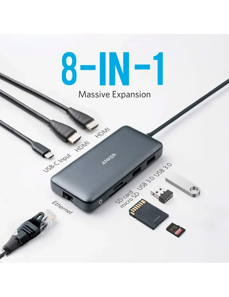 Anker - Hub USB-C 8 en 1 - Admite la carga PD100W - Transferencia de d