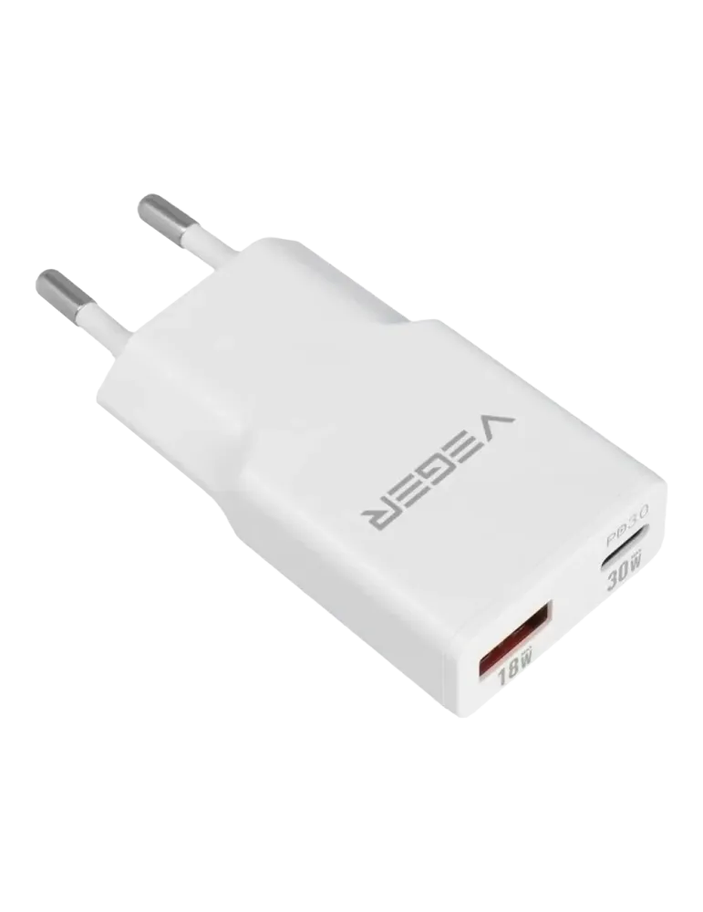 VEGER - Cargador USB QC3.0 / PD3.0 - Potencia 30W - Carga 2 dispositiv
