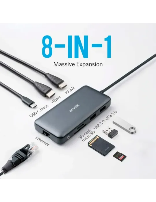 Anker - Hub USB-C 8 en 1 - Admite la carga PD100W - Transferencia de d